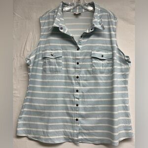 LuLaRoe 3XL Light Blue White Striped Sleeveless Button Down Blouse - Utility